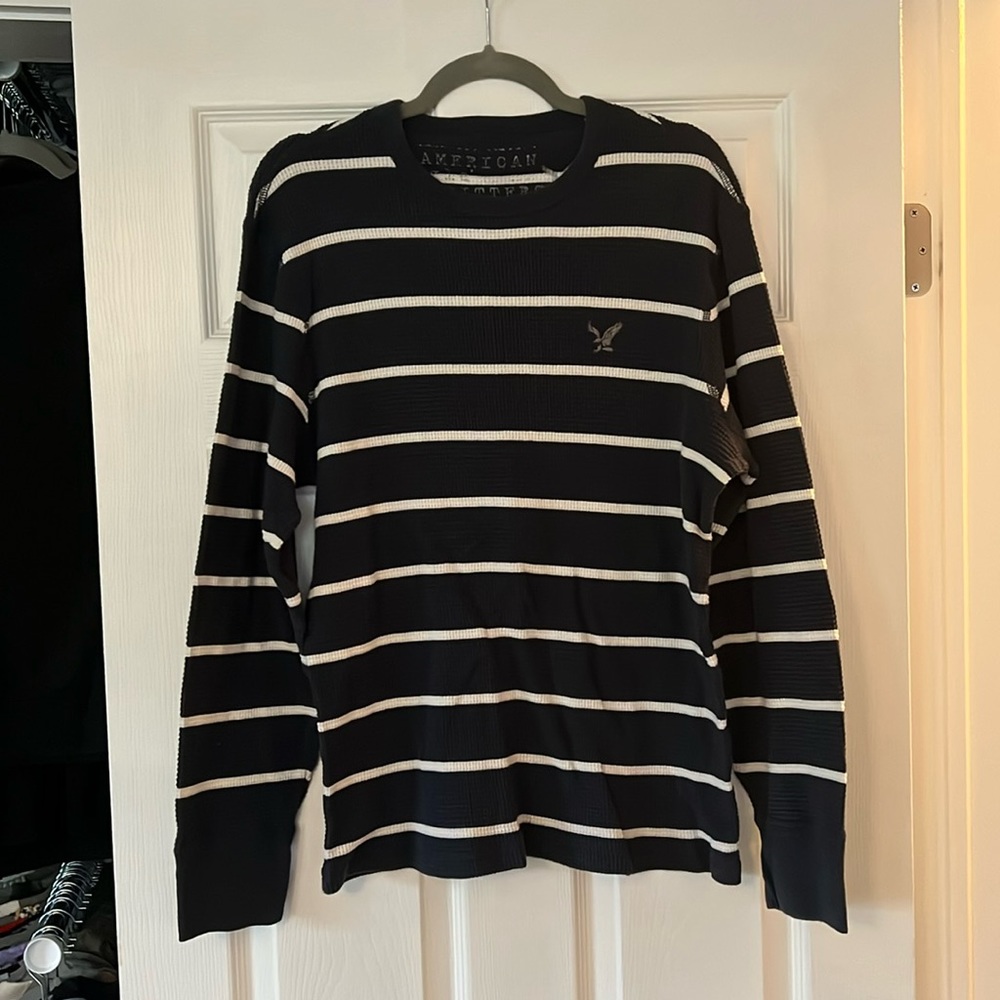 American Eagle Waffle Shirt- XL: Navy with White Stripes